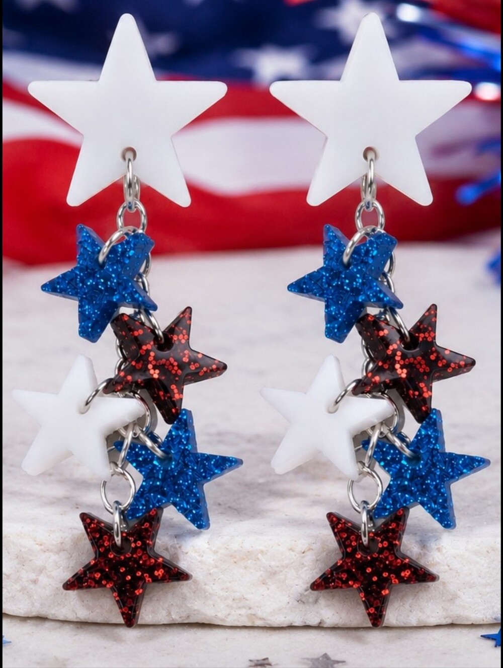 Patriotic Red White Blue Star Dangle Earrings 4th of July Independence Day